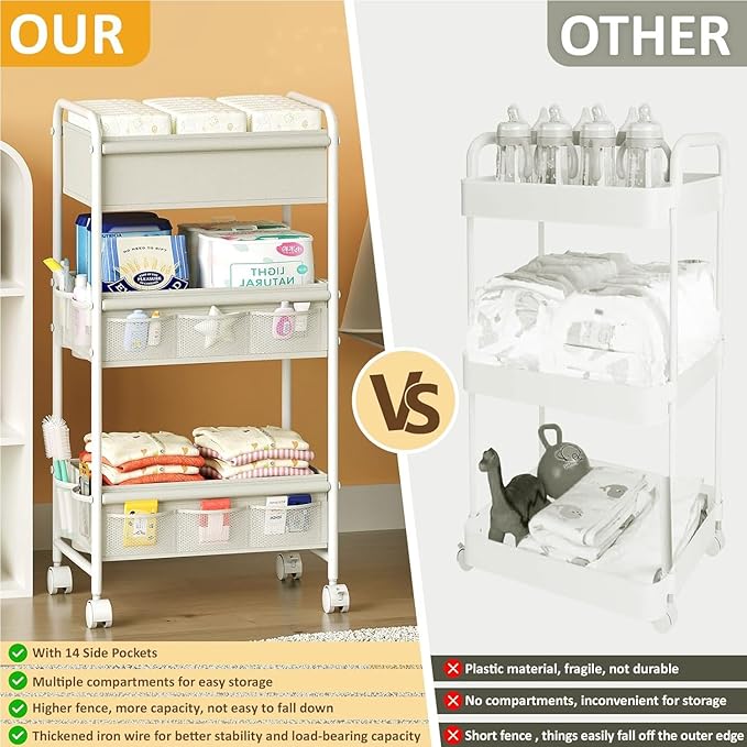 3-Tier Baby Diaper Caddy Cart Organizer,Mobile Nursery Storage Carts with Wheels,With 2 Dividers&14 Mesh Pockets Durable Meta