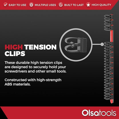 Olsa Tools Premium Wall-Mount Screwdriver Organizer - Red Nylon with Black Clips - Holds 14 Screwdrivers - Part: 1030