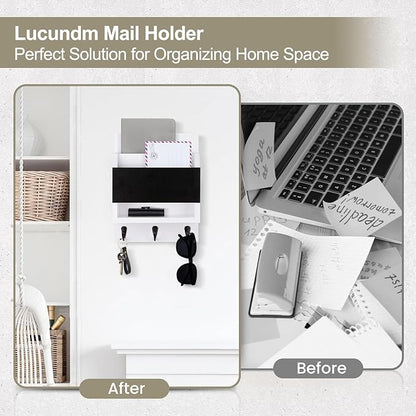 Key and Mail Holder for Wall, Key Holder with Chalkboard and Long Storage Box, Key Hanger with 3 Sturdy Hooks for Coat, Dog L