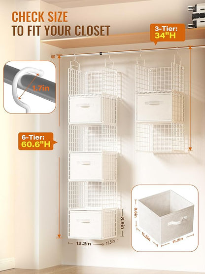 Closet Hanging Organizer with Drawers, 6 Tier Metal Closet Organizers and Storage with 4 Hanging Hooks 4 S-Hooks for Wardrobe