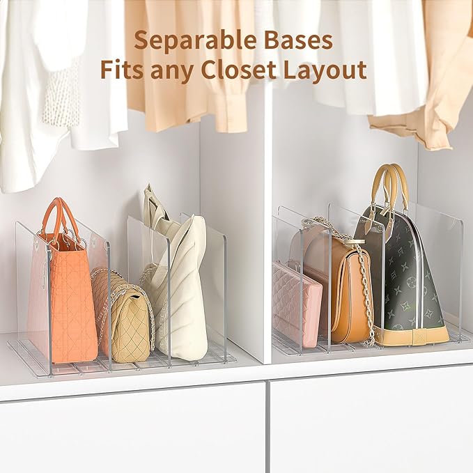 GoMaihe Bag & Purse Organizer for Closet: Adjustable Clear Handbag Storage Shelf - Plastic Clutch Dividers | Minimal | Keep P