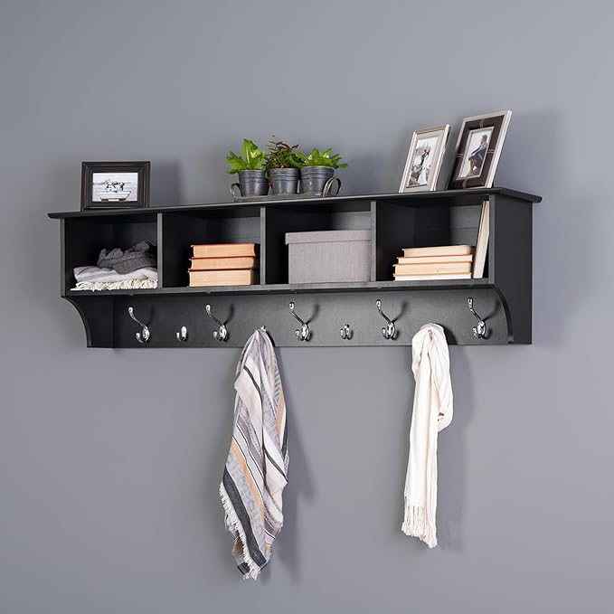 Prepac 60" Contemporary Wall Mounted Coat Rack, Coat Hooks Wall Mount with 4 Shelves, Ideal for Hallway or Entryway Storage S