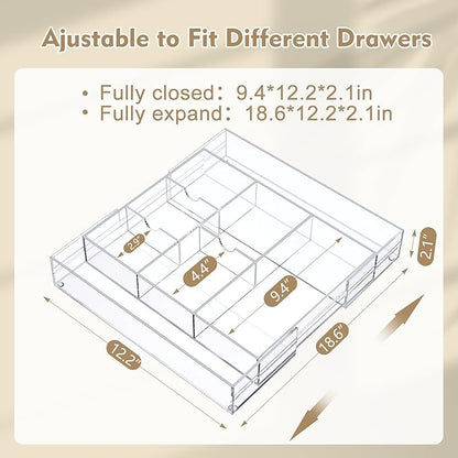 2 Pcs Acrylic Desk Drawer Organizer Maximum 12 x 18 x 2.1 Inch Expandable Drawer Organizer Trays with 8 Adjustable Compartmen
