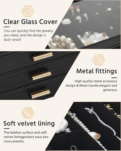 AKOZLIN Jewelry Box with Clear Lid Functional Leather Jewelry Storage Organizer Case 3 Drawers for Women Girls Necklace Ring 