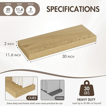 30 Inch Floating Shelves, 12" Deep Floating Shelf Wall Mounted, 30" Wall Shelves, Rustic Deep Bookshelf, Extra Deeper & Thick