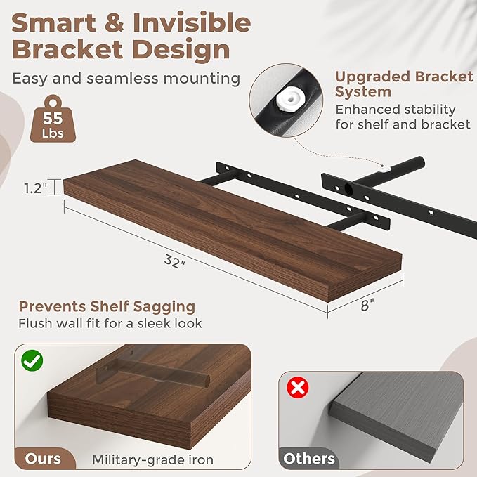 32 Inch Floating Shelves for Wall Set of 2, 8"D Wood Grain Bathroom Shelves with Invisible Brackets, Easy Install Engineered 