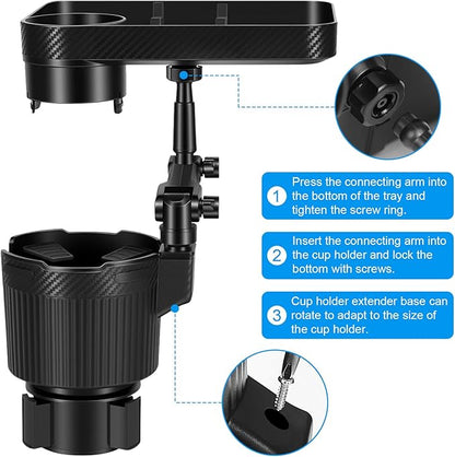 Car Cup Holder Tray, Car Food Tray for Eating with Phone Holder, Large Car Cup Holder Expander with Adjustable Base, Fit in 2