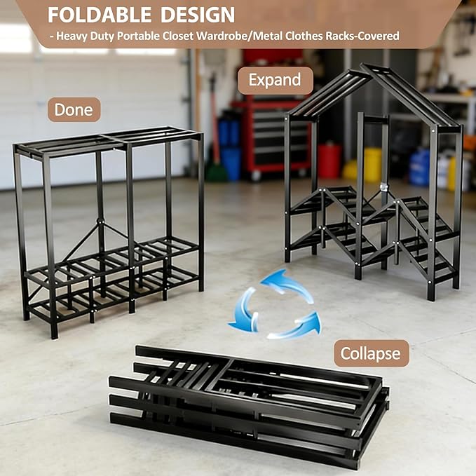 Heavy Duty Clothes Rack with Cover, Portable Wardrobe Closet with Magnetic Door & Black Steel Frame, Foldable Freestanding Ga