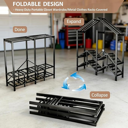 Heavy Duty Clothes Rack with Cover, Portable Wardrobe Closet with Magnetic Door & Black Steel Frame, Foldable Freestanding Ga