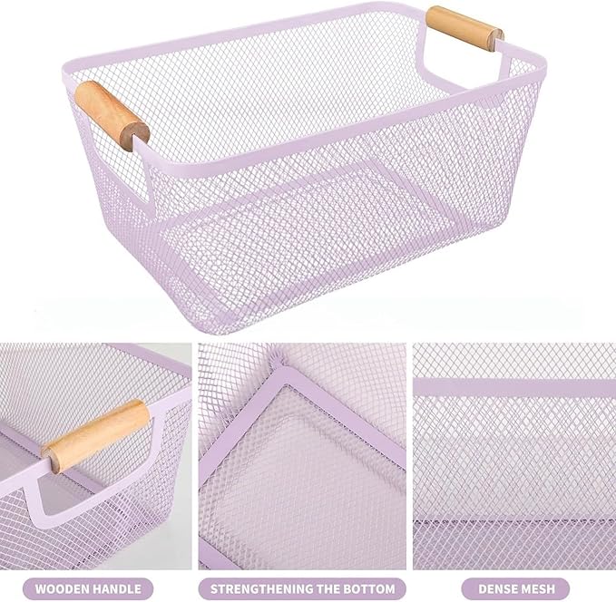 AJIODA Metal Mesh Steel Basket, Large Wire Storage Organizer Basket Multi-function Hanging Kitchen Baskets with Wood Handle f