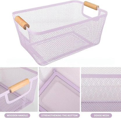 AJIODA Metal Mesh Steel Basket, Large Wire Storage Organizer Basket Multi-function Hanging Kitchen Baskets with Wood Handle f