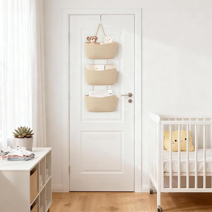 Dahey Over The Door Hanging Basket 3-Tier Woven Boho Wall Mounted Storage Organizer with Hooks for Bedroom Nursery Bathroom A