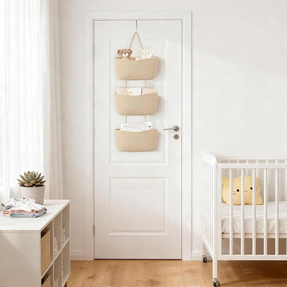 Dahey Over The Door Hanging Basket 3-Tier Woven Boho Wall Mounted Storage Organizer with Hooks for Bedroom Nursery Bathroom A