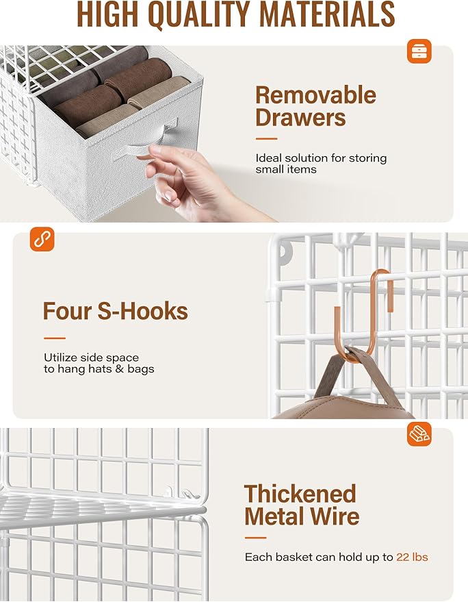 Closet Hanging Organizer with Drawers, 6 Tier Metal Closet Organizers and Storage with 4 Hanging Hooks 4 S-Hooks for Wardrobe