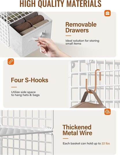 Closet Hanging Organizer with Drawers, 6 Tier Metal Closet Organizers and Storage with 4 Hanging Hooks 4 S-Hooks for Wardrobe