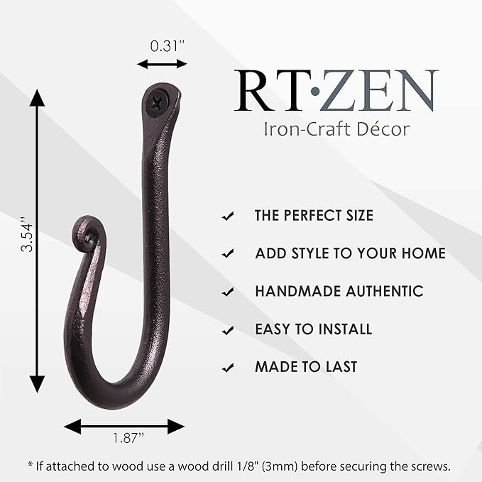 RTZEN Wall Mount Hook Set - Wrought Iron Decorative Rustic Metal Coat Hooks for Hanging - Handcrafted Classic Farmhouse Wall 