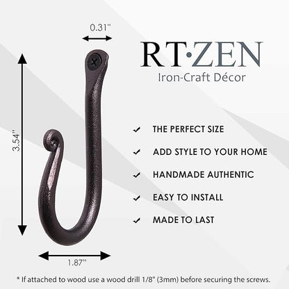 RTZEN Wall Mount Hook Set - Wrought Iron Decorative Rustic Metal Coat Hooks for Hanging - Handcrafted Classic Farmhouse Wall 