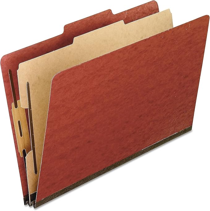 Pendaflex Pressboard Classification File Folders, 1 Divider, 2" Embedded Fasteners, 2/5 Tab Cut, Letter Size, Red, Box of 10 