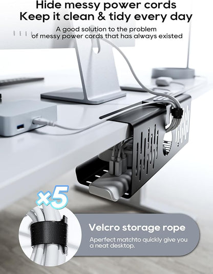 NODOCA No Drill Under Desk Cable Management Tray, 14'' Wire Management, Punch-Free Clamp on, Metal Cable Tray, Wire Organizer