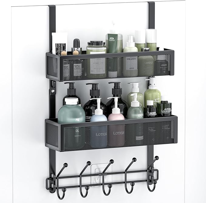 Adjustable Over The Door Hooks Organizer, Door Hanger Coat Rack with 2 Mesh Baskets and 10 Hooks, Back of Door Storage Organi
