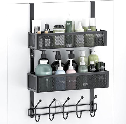 Adjustable Over The Door Hooks Organizer, Door Hanger Coat Rack with 2 Mesh Baskets and 10 Hooks, Back of Door Storage Organi