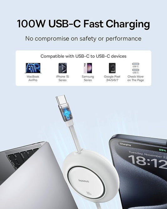 Baseus USB C to USB C Cable, 100W 6.6ft Retractable USB C Fast Charging Cable, 7-Stage Length Preset Retractable Charger Cord