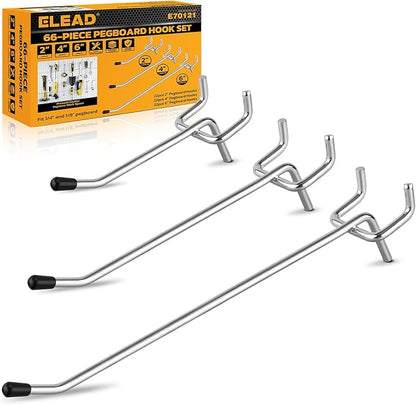 ELEAD 66-Piece 2/4/6 Inch Pegboard Hooks, Heavy Duty Peg Board Organizer Accessories, Peg Board Tool Hangers Fit for 1/4" and