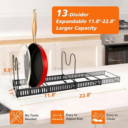 2 Pack Expandable Pot and Pan Organizer (11.8"-23") for Kitchen Cabinet - Under Sink Storage Rack with 13 Adjustable Dividers for Lids, Baking Sheets - Black & White, Tool-Free Assembly