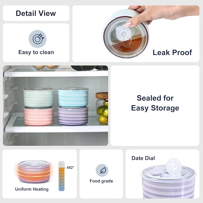 Selamica Ceramic Bowls with Lids, 8 OZ Small Serving Bowls with Lids for Food Storage, Prep, Picnic, Lunch, Microwave Dishwasher Safe, Set of 4, Gradient Color