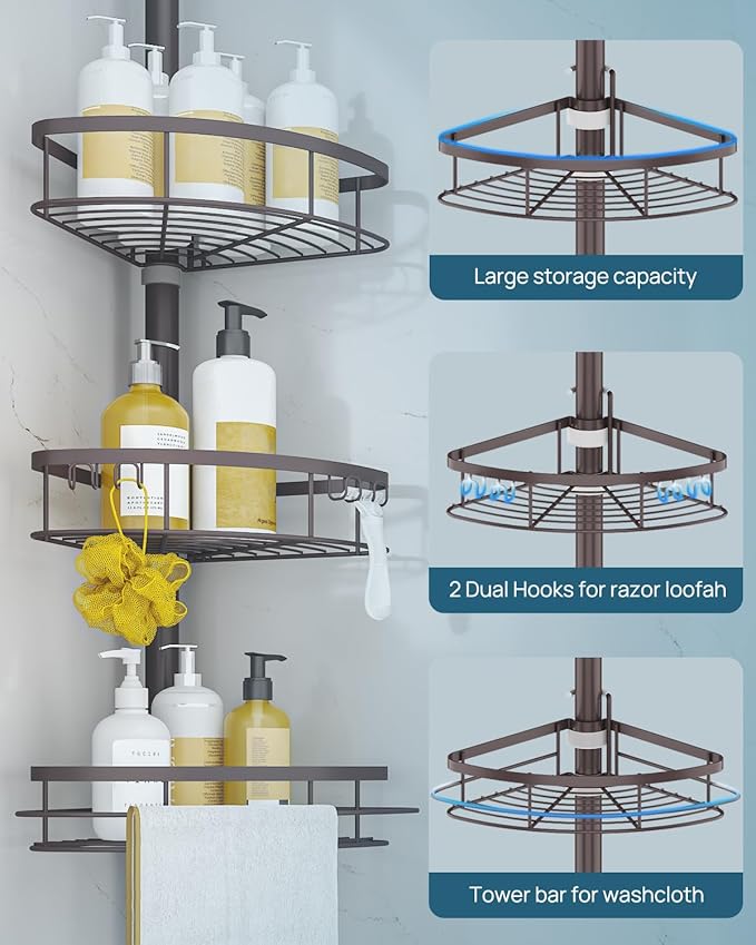 SEIRIONE Rustproof Shower Corner Caddy Organizer for Bathroom,Tension Pole with 4 Baskets, for Bathtub Storage Rack, 34 to 11