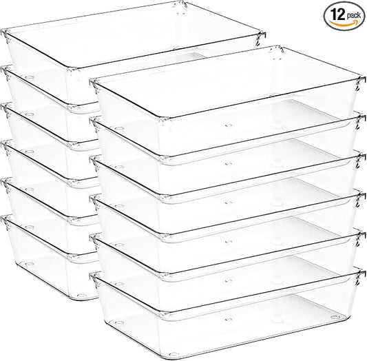 12 Pack Drawer Organizer - 6" X 9" Clear Acrylic Storage Bins with Non-Slip Pads, Versatile Desk Tray for Makeup, Jewelry, Ki