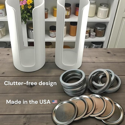Mason Jar Lid Organizer | White Plastic Lid Storage Rack for Wide & Regular Mouth Mason Jars | Stackable Countertop & Cabinet Organizer | Fits Metal & Plastic Canning Lids