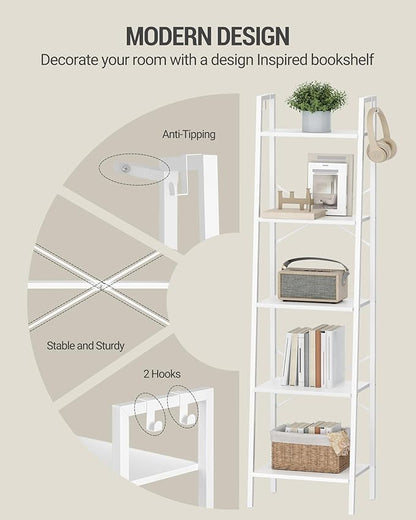 Hzuaneri Ladder Shelf, Bookshelf Bookcase, Freestanding Corner Storage Shelve with 2 Hooks for Home Office, Living Room, Kitc
