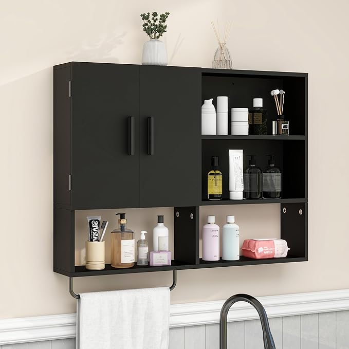 Medicine Cabinet, Wooden Bathroom Wall Cabinet with 2 Doors, Adjustable Shelves & Towel Bar, Over Toilet Storage Cabinet Wall