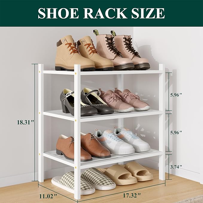 Smiry Small Bamboo Shoe Rack 3-Tier, Stackable Wooden Shoe Organizer for Entryway & Closet, Free Standing Wood Shoe Storage S
