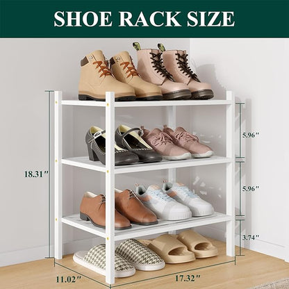 Smiry Small Bamboo Shoe Rack 3-Tier, Stackable Wooden Shoe Organizer for Entryway & Closet, Free Standing Wood Shoe Storage S