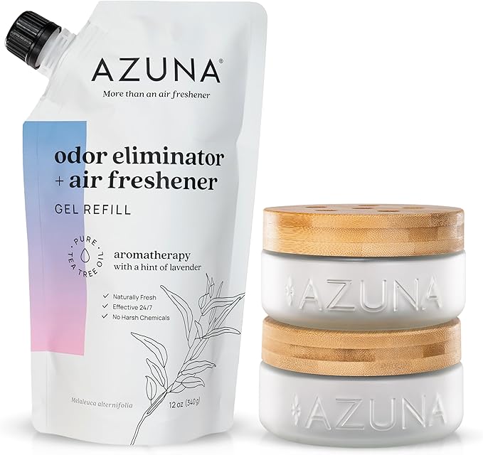 Azuna Air Freshener & Odor Eliminator for Strong Odor | 2 Room Kit Includes (2) 8 oz. Empty Luxe Glass Jars & 12 oz | Refill 