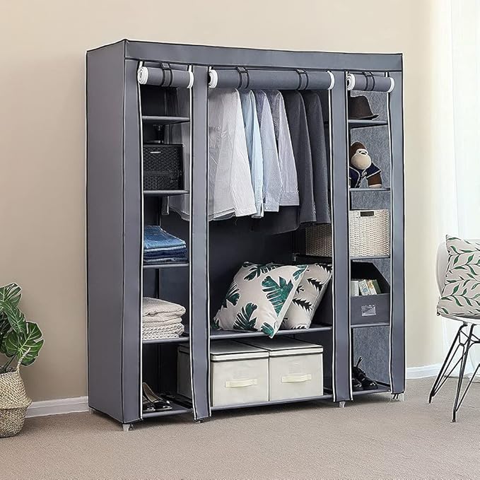 Karlhome 5-Tier Canvas Wardrobe, Portable Fabric Wardrobe with Shelves and Cover for Hanging Clothes, Clothes Rail with Cover