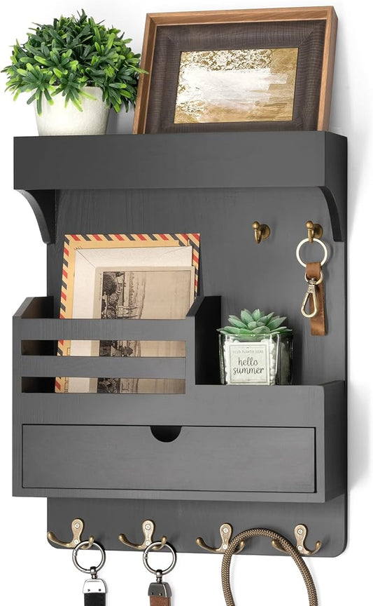 Rebee Vision Modern Key Holder Wall Mount with Drawer Organizer - Pine Wood Mail and Key Organizer with 6 Keys Hooks and Floa