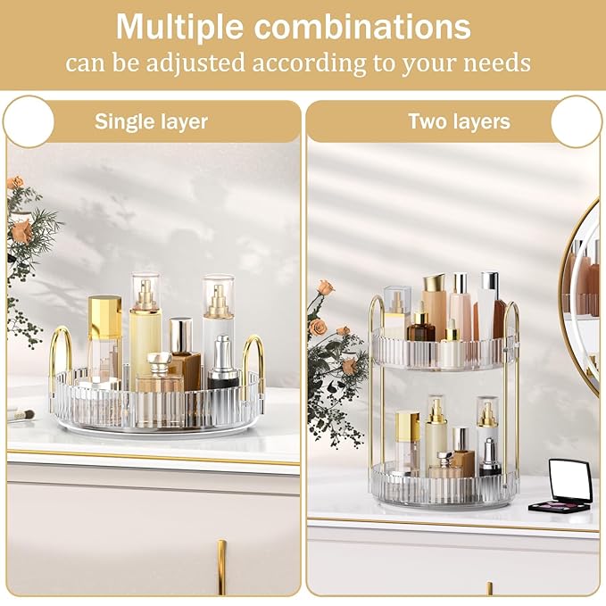 MOKANI 360 Rotating Makeup Organizer for Vanity, 2 Tier Adjustable Perfume Organizer for Dresser, Multi-Function Spinning Cos