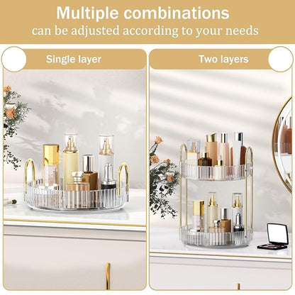 MOKANI 360 Rotating Makeup Organizer for Vanity, 2 Tier Adjustable Perfume Organizer for Dresser, Multi-Function Spinning Cos