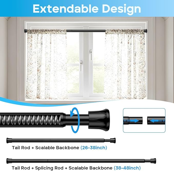 Tension Curtain Rod 28-48 inch Small Tension Rods Black Adjustable Spring Tension Curtain Rods 4PCS Mini Curtain Rod Short fo