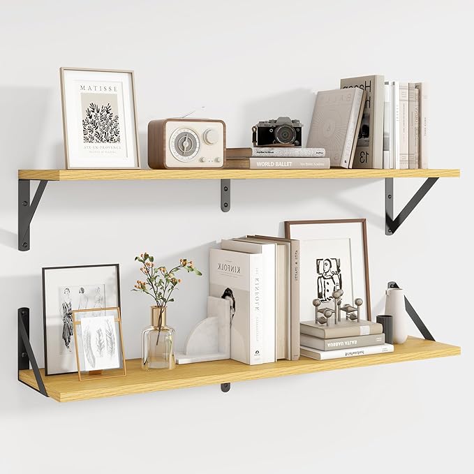 Axeman 32 Inch Floating Shelves | 8 Inch Deep Oak Wall Shelves Set of 2 | 31.5W x 8D Rustic Wood Shelves for Bookshelf Living