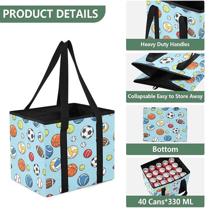 Sports Balls Pattern Reusable Grocery Bags Large Shopping Tote Bag with Reinforced Bottom Board, Water Resistant Foldable Sto