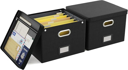 2 Pack File Organizer Box with Lid, Large Hanging Filing Box with Mesh Pocket, Document Organizer for Letter Files, Portable 