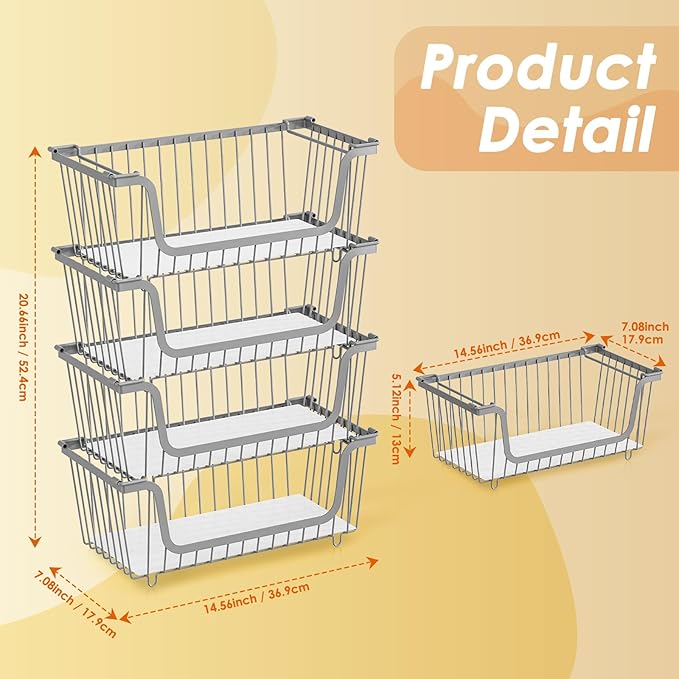 4 Pack Stackable Wire Baskets with Handles for Pantry Organizers and Storage, Fruit and Vegetable wire storage baskets, Potat