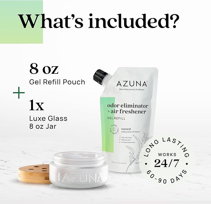 Azuna Air Freshener & Odor Eliminator for Strong Odor | 1 Room Kit Includes (1) Empty Luxe Glass Jar & 8oz Refill with Tea Tr