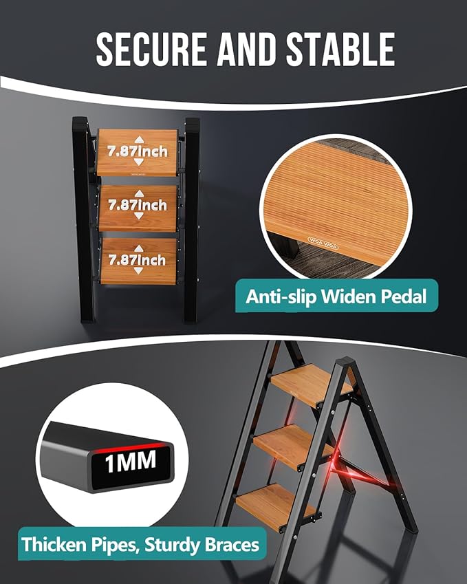 WOA WOA Step Ladder with Widened Pedals, Folding Step Stool with Anti-Slip Feet, Portable Home Ladder for Adults, Kitchen Sma
