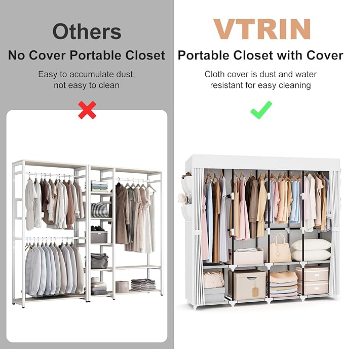 VTRIN Portable Closet for Hanging Clothes 67 Inch Wide Large Capacity Portable Wardrobe Closet with Cover, 4 Storage Shelves 