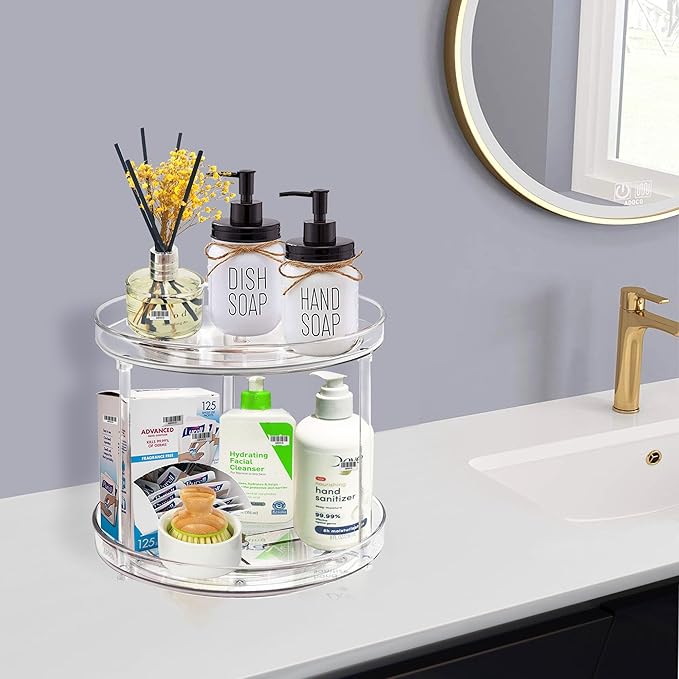2 Tier Lazy Susan Bathroom Organizer, 9.25Inch Clear 360 Rotating Makeup Organizer for Vanity, Skincare Organizers Perfume Or